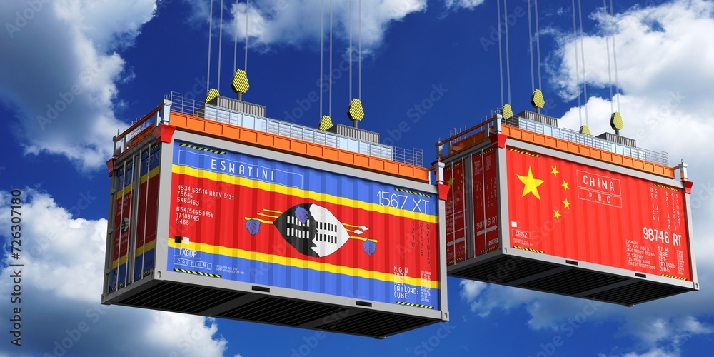 Shipping containers with flags of Eswatini and China - 3D illustration