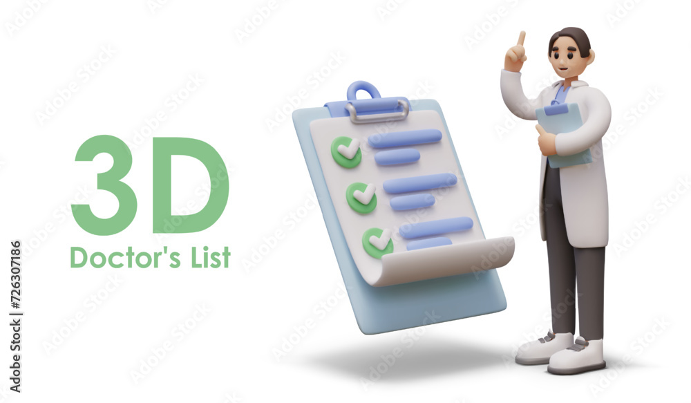 Placard with realistic male doctor holding clipboard with checklist and working Placard with realistic male doctor holding clipboard with checklist and working