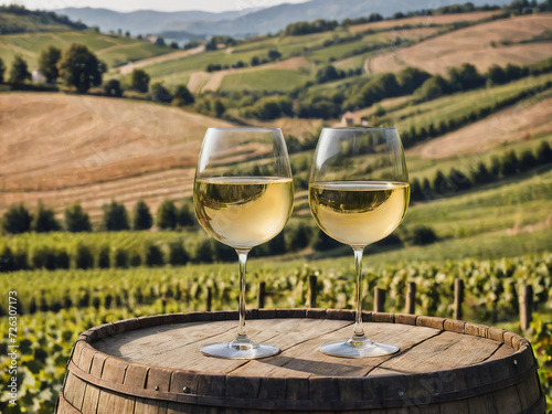 Glass of white wine on a barrel in the countryside