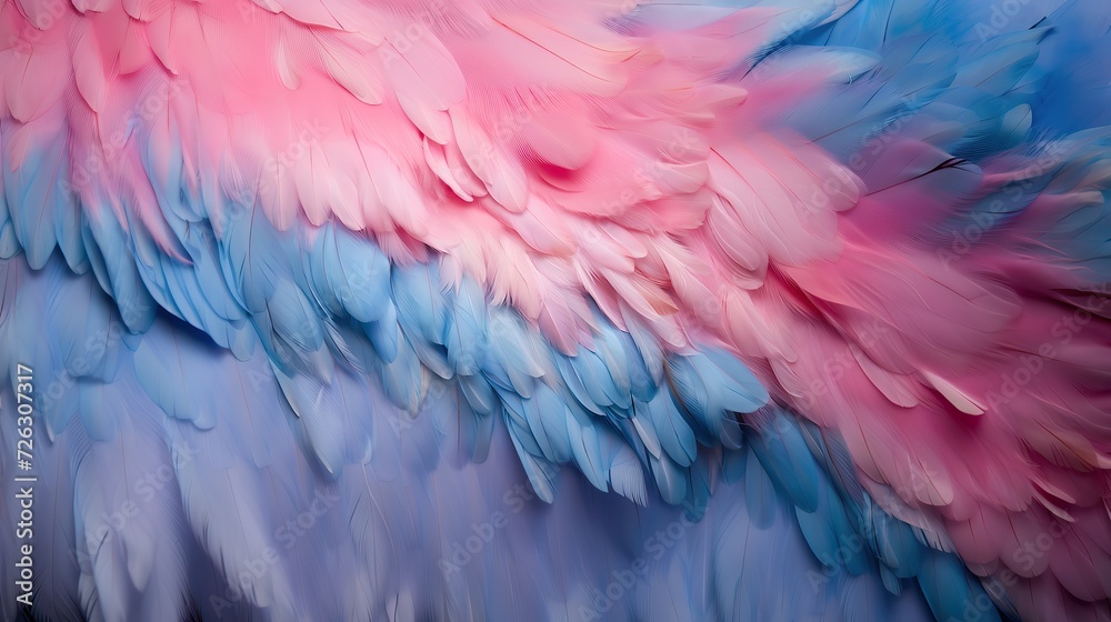 Obraz premium Closeup detail of soft silk pastel pink blue colored feathers, top view.