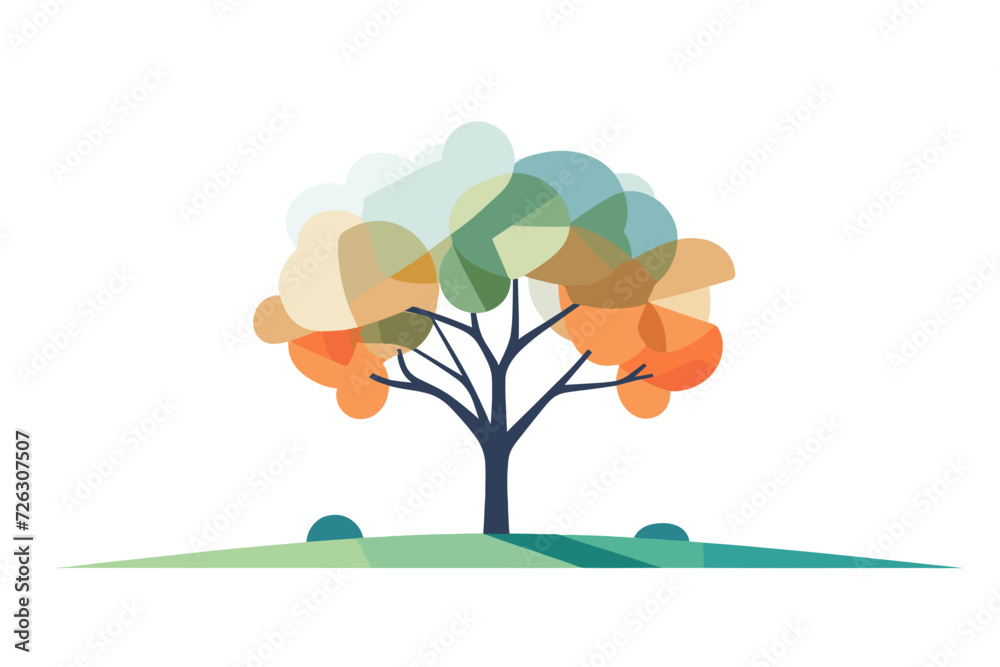 A vibrant vector illustration featuring a tree adorned with colorful leaves, standing on a lush green hill, set against a clean white background. A vibrant vector illustration featuring a tree adorned with colorful leaves, standing on a lush green hill, set against a clean white background.
