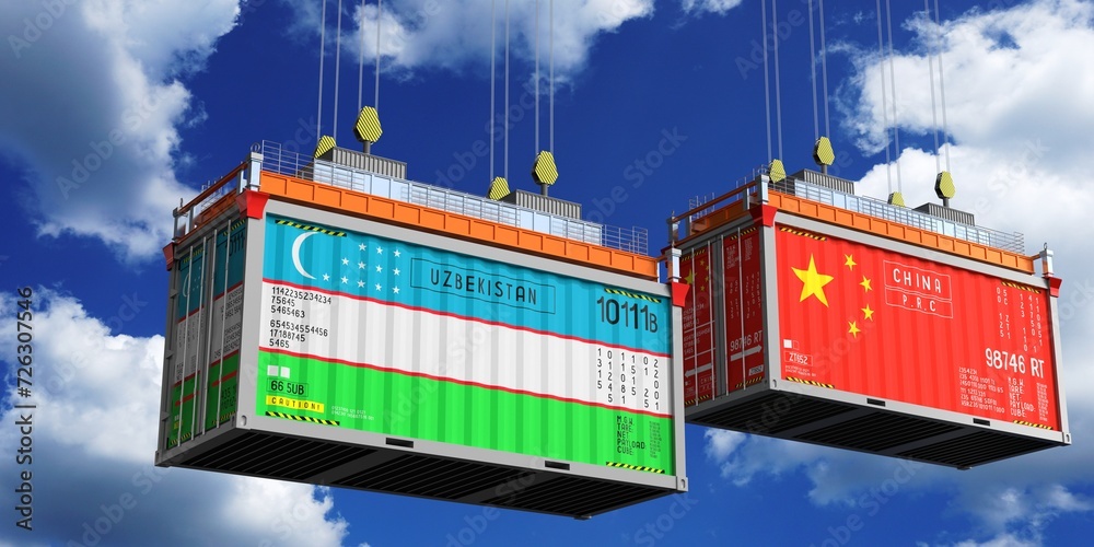 Shipping containers with flags of Uzbekistan and China - 3D illustration