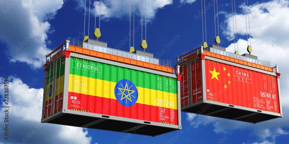 Shipping containers with flags of Ethiopia and China - 3D illustration
