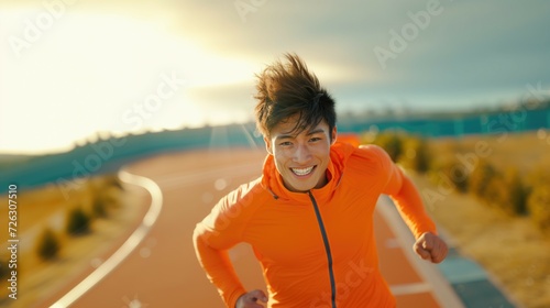 Young asian runner man in bright orange sporty jacket running in the morning smiling at camera with toothy smile active and healthy lifestyle concept photo
