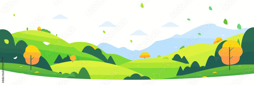 Obraz premium The vector illustration depicts a serene landscape featuring rolling green hills leading towards distant majestic mountains.
