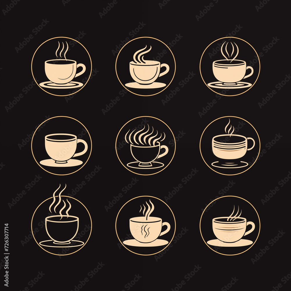 Coffee cup icon with multiple coffee cup icons and a steaming cup of coffee Coffee cup icon with multiple coffee cup icons and a steaming cup of coffee