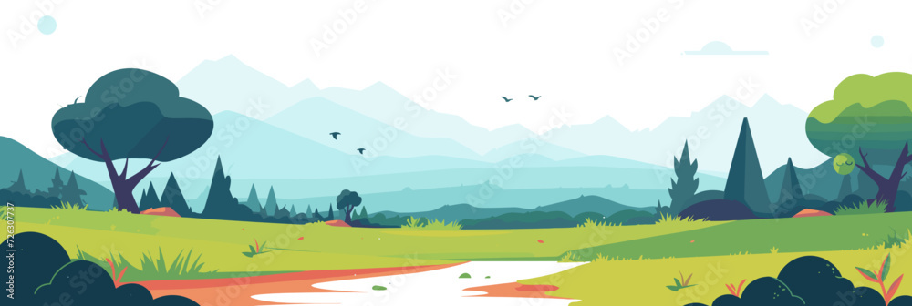 Obraz premium In this vector illustration, a verdant landscape unfolds with green grass, trees, and distant mountains, capturing the beauty of nature in a harmonious composition.