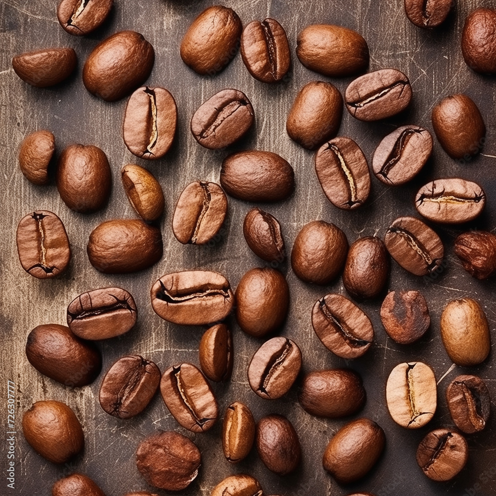 A scattered bounty of roasted coffee beans blankets a crisp white surface A scattered bounty of roasted coffee beans blankets a crisp white surface