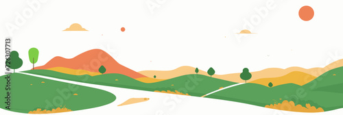 A tranquil landscape is portrayed in this vector illustration, showcasing a meandering path through lush green hills and vibrant greenery.