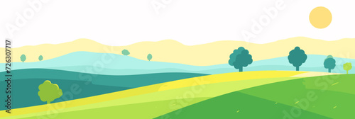 The vector illustration captures a serene landscape adorned with peaceful green hills and scattered trees, creating a tranquil and harmonious scene.