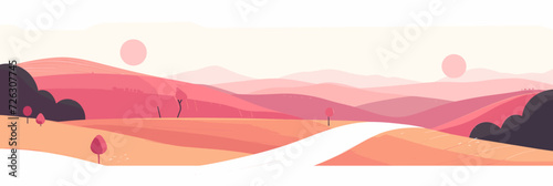 The vector illustration portrays a scenic autumn landscape with a charming path winding through hills, surrounded by fall foliage, leading towards distant mountains.