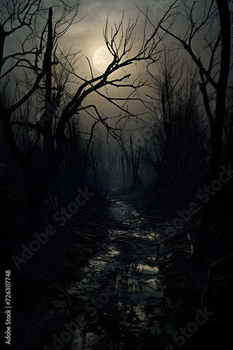 Under the Pale Moonlight: An Unsettling Journey through Eerie Landscape.