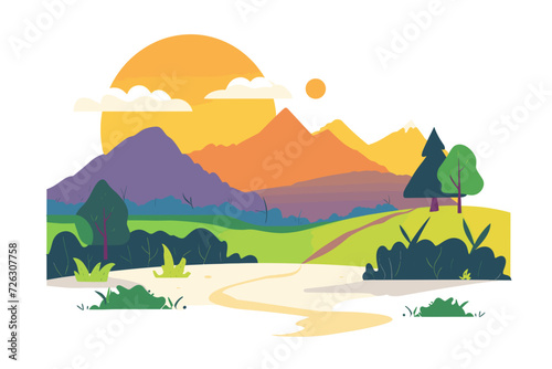 The vector illustration depicts a picturesque landscape with a winding path through hills  accompanied by a large sun casting its glow over mountains  creating a scenic atmosphere.