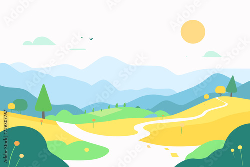 The vector illustration portrays a captivating landscape with winding paths traversing through hills  leading towards distant mountains  set against a pristine white background.