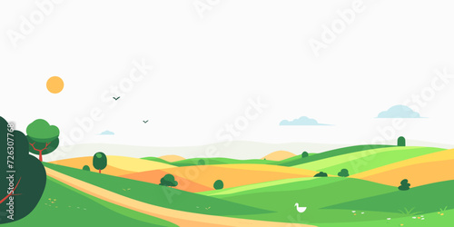 The vector illustration captures a serene landscape with green rolling hills adorned with scattered trees, set against a clean white background.