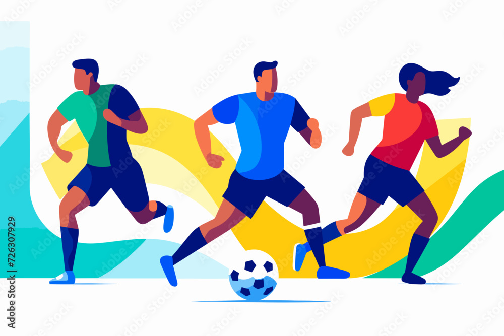 The vector illustration showcases a stylized and logo-like depiction of people engaged in playing soccer, conveying a dynamic and iconic representation of the sport.