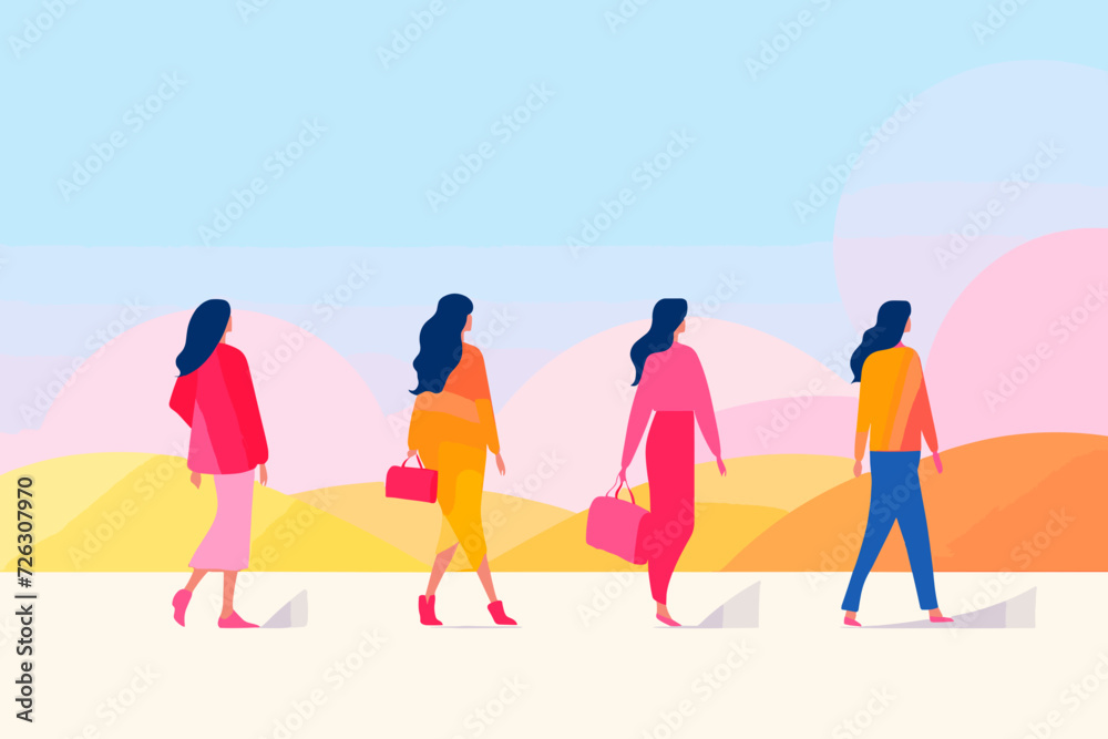 The colorful vector illustration showcases women walking in the same direction, creating a vibrant and dynamic visual representation of movement and unity.