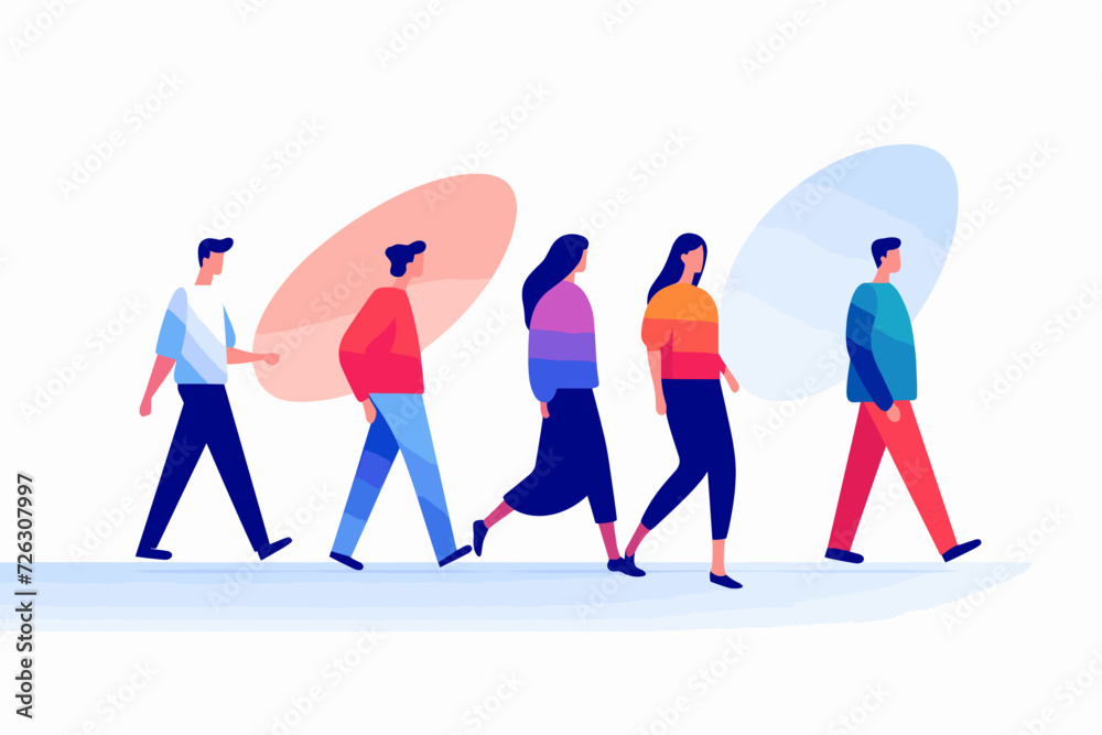 The colorful vector illustration depicts a lively scene of people walking, showcasing diversity and movement in a vibrant and dynamic way.