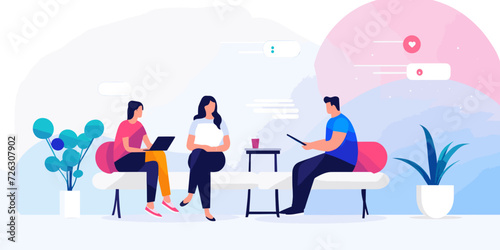 The vector illustration depicts people sitting and engaged in a discussion about work, conveying a scene of collaborative and professional interaction.