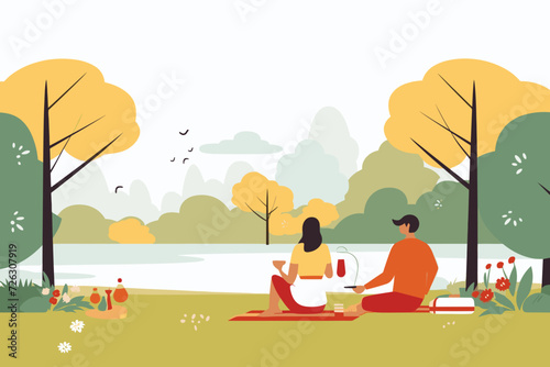 The vector illustration depicts people having a peaceful picnic by the lake, creating a serene and leisurely scene of outdoor enjoyment.