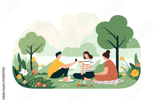 The vector illustration portrays people enjoying a relaxing picnic by the lake, capturing a serene and leisurely atmosphere in the outdoors.