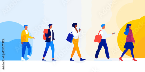 The colorful vector illustration depicts people in casual outfits walking in the same direction, creating a lively and diverse visual representation of a group in motion.