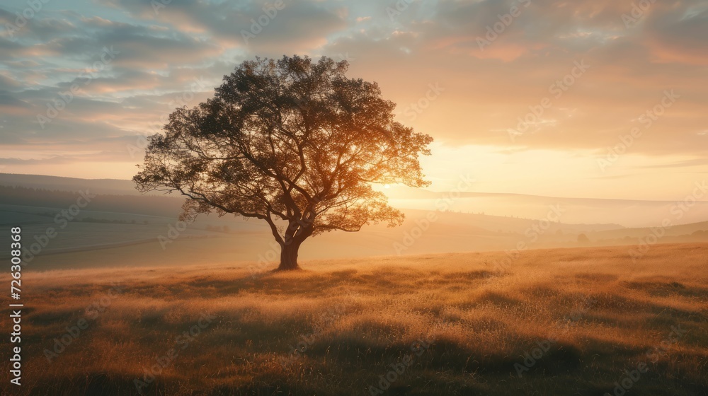 Morning Tree Silhouette in Autumn Sunset Landscape