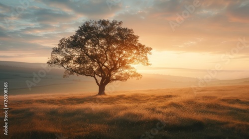 Morning Tree Silhouette in Autumn Sunset Landscape