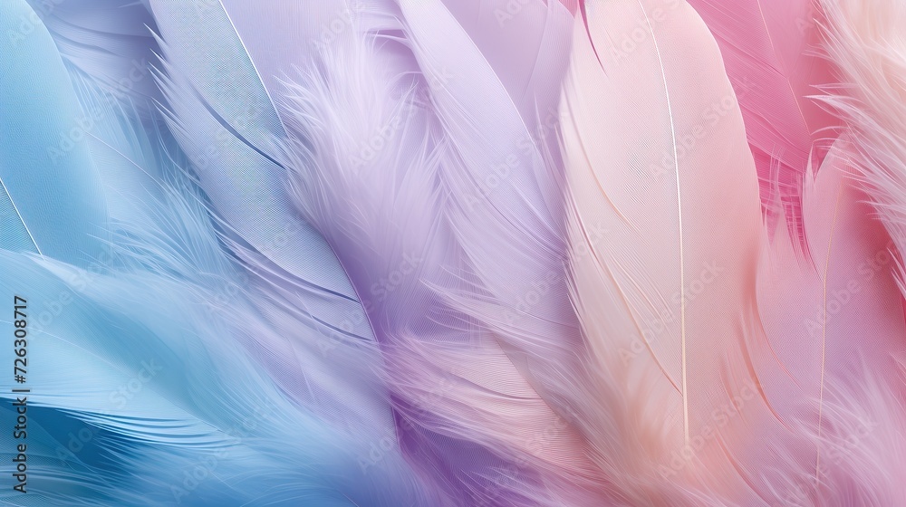 Closeup detail of soft silk pastel pink blue colored feathers, top view. Closeup detail of soft silk pastel pink blue colored feathers, top view.