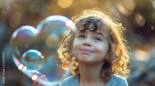Happy kid and soap bubble in heart shaped