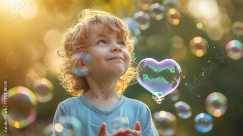 Happy kid and soap bubble in heart shaped