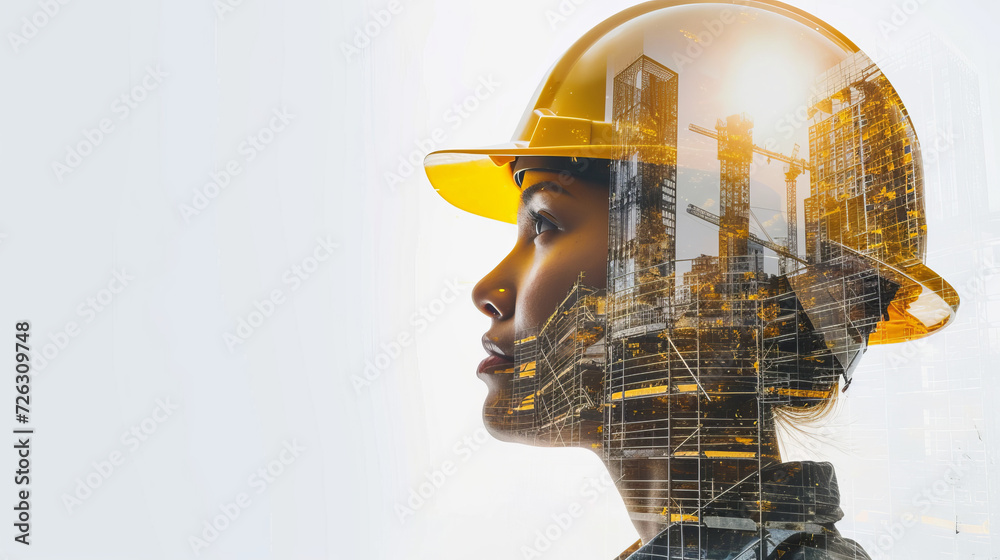 Portrait of a young construction worker woman with safety helmet letting see city buildings under construction on white background with copy space - obrazy, fototapety, plakaty 
