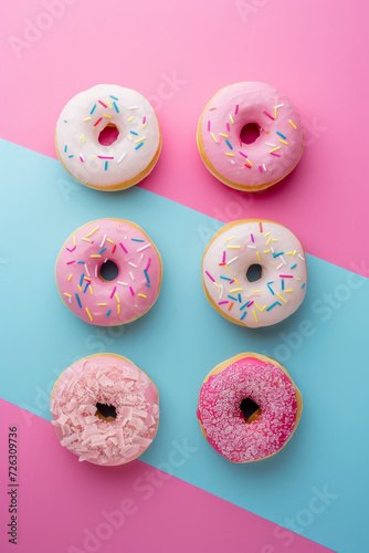 Vertical view of bunch of donuts of pastel colors on pink and blue background