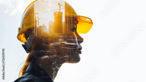 Portrait of a young construction worker woman with safety helmet letting see city buildings under construction on white background with copy space photo
