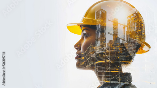 Portrait of a young construction worker woman with safety helmet letting see city buildings under construction on white background with copy space