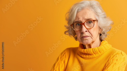 Portrait of an unhappy senior retired woman , orange color background banner with copy space