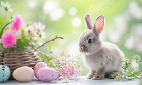 Cute baby bunny, adorable rabbit with Easter eggs and spring flowers © anatoliycherkas