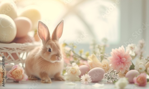 Cute baby bunny  adorable rabbit with Easter eggs and spring flowers