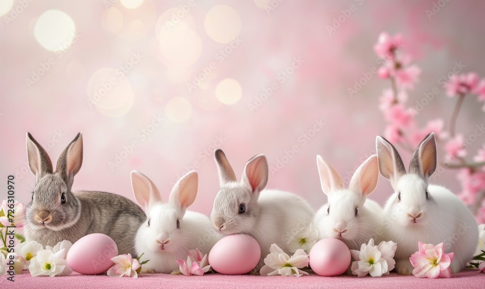 Group of five cute baby bunnies, adorable rabbits with easter eggs and spring flowers on pink pastel background with bokeh