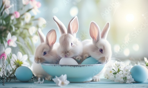 Group of three cute bunnies, adorable rabbits with easter eggs and spring flowers sitting on festive table blue pastel background with bokeh © anatoliycherkas