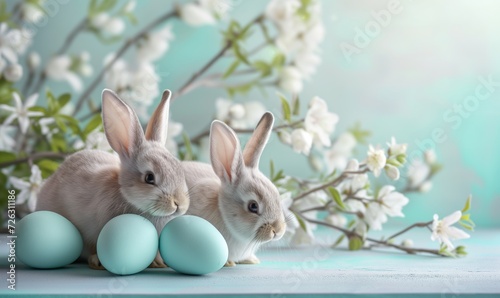 Two cute bunnies, adorable rabbits with easter eggs and spring flowers sitting on festive table blue pastel background with bokeh © anatoliycherkas