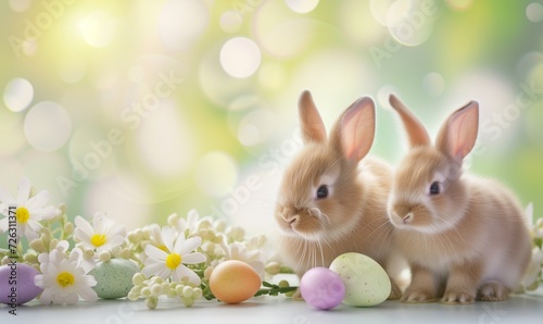 Two cute bunnies  adorable rabbits with easter eggs and spring flowers sitting on pastel background with bokeh