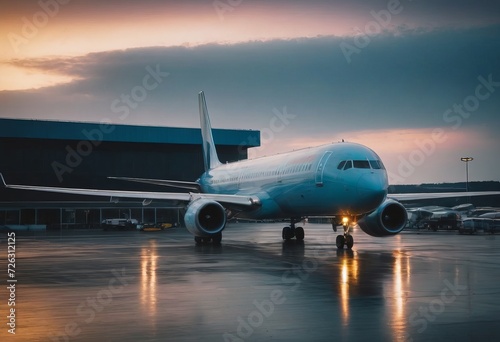 Passanger white plane lands. Airplane on the platform of Airport. Runway. Landing aircraft closeup. Mockup plane with place for text. Cloudy sky. Copy space. © Алексей Ковалев