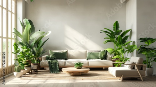 Interior of living room with green houseplants and sofas © Emil