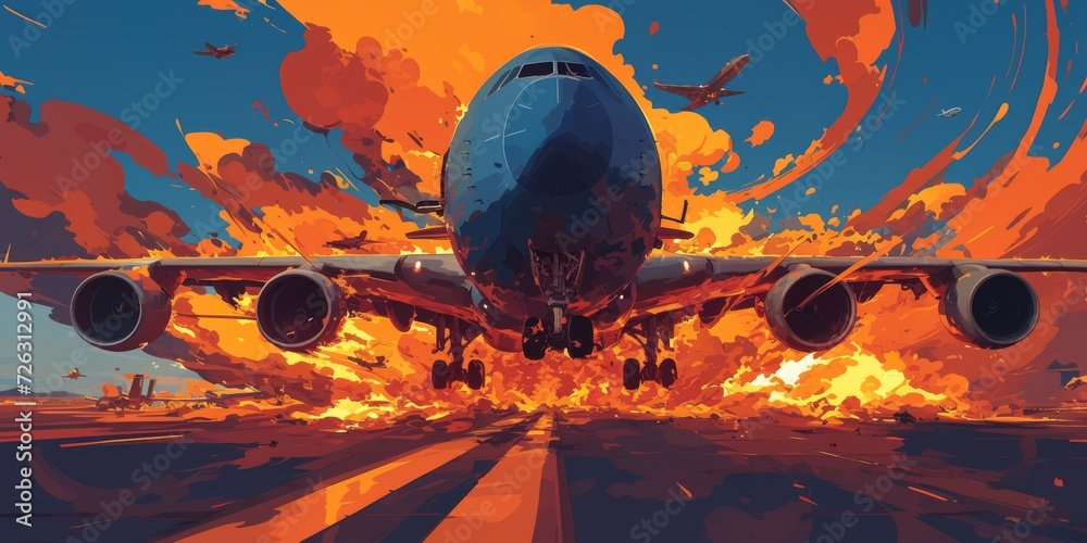 A Gripping Visual Of A Plane Engulfed In Flames During Takeoff In Comicstyle Poster Design. Сoncept Plane On Fire, Captivating Comic-Style Poster, Gripping Visual, Thrilling Takeoff