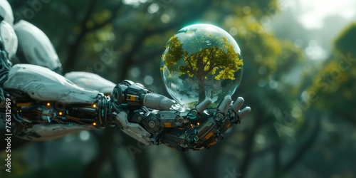 A Futuristic Robot Holds A Glass Globe With A Tree, Promoting Environmental Preservation. Сoncept Futuristic Robot, Glass Globe, Tree, Environmental Preservation, Promotional Campaign