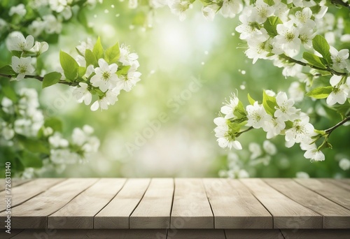 Spring background green white blossoms and white wooden table flooring