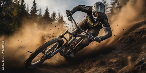 A Mountain Biker Loses Control And Tumbles During An Intense Race. Сoncept Mountain Biking Accidents, High-Speed Crashes, Adrenaline-Fueled Races, Extreme Sports Mishaps