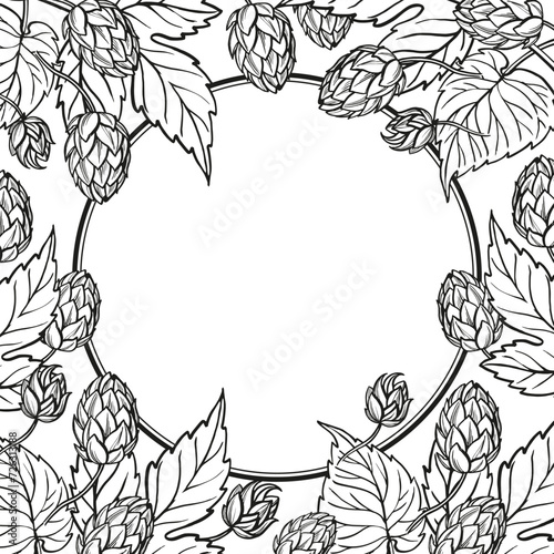 Hand drawn vector circle frame with hop plant, leaves and buds, craft beer ingredients, black and white illustration of branch humulus lupulus, inked illustration isolated on white background