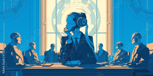 A Robotic Woman Attentively Observing A Business Negotiation Inside A Courtroom In Comicstyle Poster Design. Сoncept Comic Style Poster, Robotic Woman, Business Negotiation, Courtroom